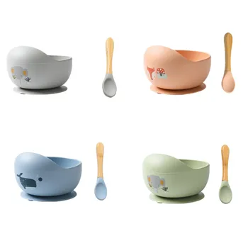1 комплект Силиконовой миски для кормления детей, посуда для детей, Водонепроницаемая присоска с ложкой, Детская посуда, Кухонные принадлежности, детские вещи