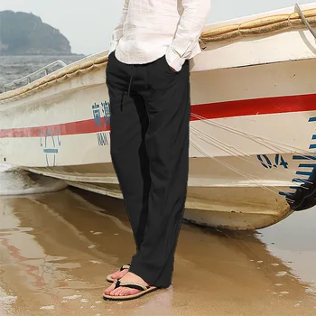 2022 Мужские Брюки Льняные Пляжные Повседневные Брюки с несколькими карманами, Весенне-осенние однотонные брюки полной длины, Модная мужская одежда
