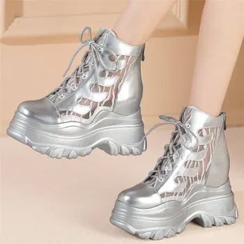 2022 Повседневная обувь Женские туфли-лодочки из натуральной кожи на высоком каблуке, Женские Модные кроссовки с круглым носком, Дышащие ботильоны на платформе