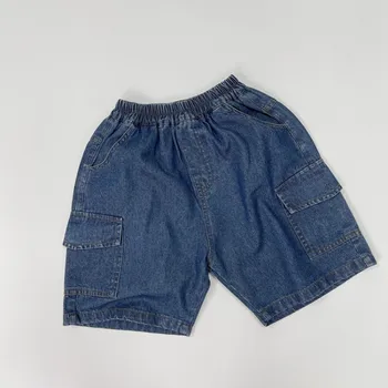 2023 Летние Новые Детские Джинсовые шорты Для маленьких Мальчиков и Девочек, Повседневные джинсы с однотонными карманами, Свободные брюки-карго для Малышей, Детская одежда