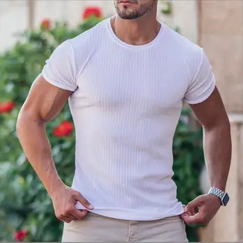 2023 Мужские стрейчевые футболки, Летние Мужские Повседневные футболки с круглым вырезом и коротким рукавом, топы в рубчик
