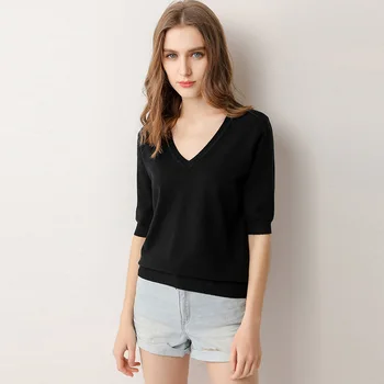 2023 Новый летний и осенний женский свитер, футболка с коротким рукавом, модные тонкие женские черно-белые футболки с V-образным вырезом