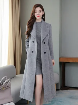 2023 Осенне-зимнее Новое однотонное шерстяное пальто с имитацией темперамента, женские Длинные тонкие пальто из полиэстера с лацканами для женщин