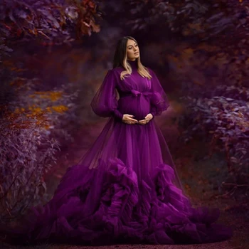 2023 Скромные Фиолетовые Платья для беременных из Тюля Трапециевидной формы с высоким воротом, Длинные Пышные рукава, Многоуровневые оборки, платья для беременных Для фотосессии