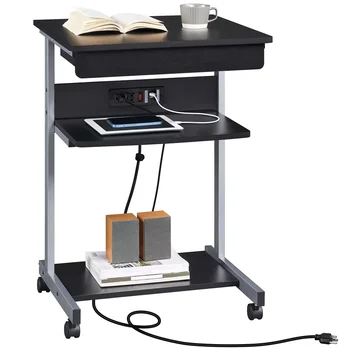 22-дюймовый переносной компьютерный стол на колесиках с розеткой для дома, черный