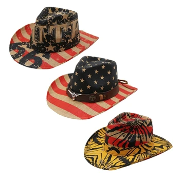 28TF, винтажная шляпа с рисунком американского флага с граффити для женщин, Мужская жесткая ковбойская повседневная шляпа