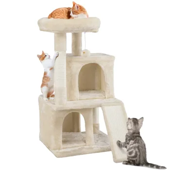 3 Яруса Многоуровневой кошачьей башни, Кошачье дерево с Квартирами Бежевого цвета, Принадлежности для кошек, чтобы кошки могли счастливо играть дома, Кошачья квартира