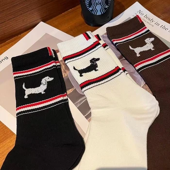 3 пары носков, хлопковые носки роскошного бренда в полоску с принтом щенка, мужские носки TB, Hajuruku, высокое качество, Свободные корейские женские длинные носки