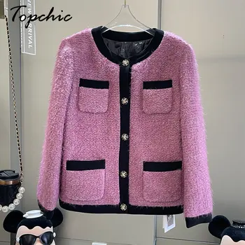 38% Шерстяное пальто, Женское Роскошное высококачественное облегающее теплое пальто Jaqueta Feminina, Корейские модные фиолетовые твидовые куртки с круглым вырезом