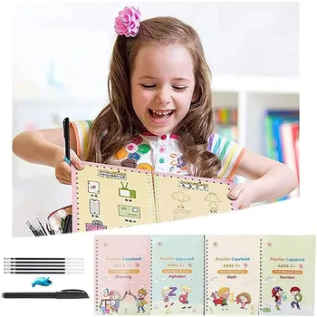 3D Magic, 4 Книги + Ручка, Многоразовые Упражнения Для детей 0-10, Наклейки для письма, Каллиграфия, английские Цифры, Буквы, Игрушки Монтессори