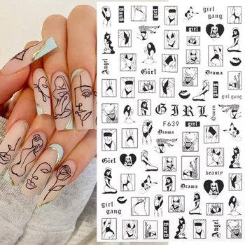 3D Наклейки для ногтей в форме Сексуальной Леди С изображением лица Персонажа, Наклейки для девочек, Слайдер, Черный, Белый, Декор для ногтей 
