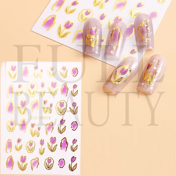3D Тюльпан, Фиолетовая наклейка для ногтей, Блестящие золотые листья, Слайдер для переноса, Рельефный декор, Рельефное украшение в виде цветочных листьев, Маникюр LESTZ-YB011