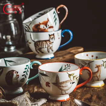 400 мл ручная роспись антикварная керамическая чашка животное кошка лиса олень птица ежик кофейная чашка керамический чай оригинальный подарок на годовщину свадьбы