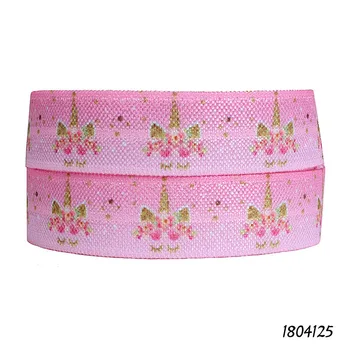 (50 ярдов/партия) Розовый узор с красивыми рогами единорога, напечатанными на резинке для детских повязок