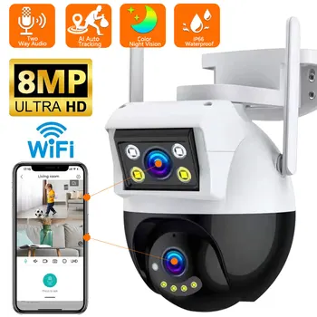 8-мегапиксельная 4K PTZ Wifi камера с двойным объективом и двойным экраном Ai Human Detect Беспроводная камера наружного наблюдения P2P CCTV iCSee App