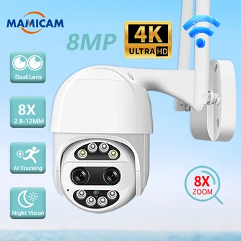 8MP 4K Двойной объектив 8X Гибридный Зум 2,8 мм-12 мм WiFi PTZ IP-камера Наружная 4MP WiFi AI Обнаружение человека CCTV Камера наблюдения