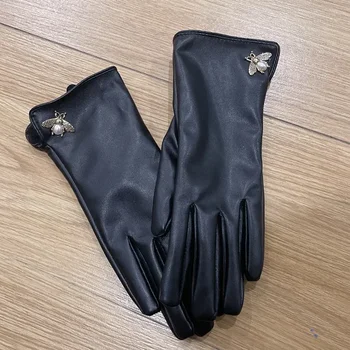 And Autumn Women's PU Leather Gloves Full Finger Metal Bee Brand Warm Mittens варежки женские зимн