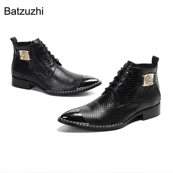 Batzuzhi/ Модные Мужские ботинки, Короткие Ботильоны С Острым Металлическим Носком, Мужские Черные Ботинки из натуральной кожи на шнуровке, EU38-46