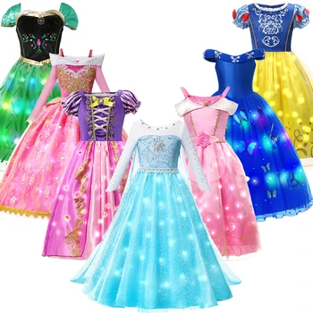 Disney Frozen LED Light Up Платье Эльзы и Анны, светящееся платье для маленьких девочек, Костюмы для Косплея на Хэллоуин, Одежда Авроры, Золушки, Красавицы