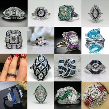 FDLK, Винтажные Большие квадратные кольца Для женщин, зеленое, синее, Фиолетовое кольцо с кристаллами, Роскошные геометрические кольца с цирконом, Обручальное кольцо Невесты