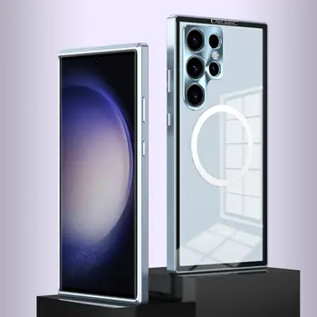 HD Прозрачная задняя панель из алюминиевого сплава, металлический чехол для Samsung Galaxy S23 S22 Ultra Metal, защита камеры, магнитная беспроводная зарядка