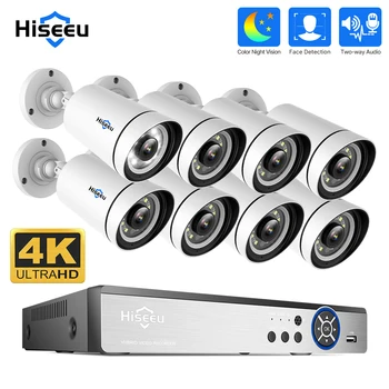 Hiseeu 4K 16CH 8MP PoE CCTV Камера Безопасности Система Видеонаблюдения Комплект Двухстороннего Аудио Цветного Ночного Видения Открытый IP Уличный