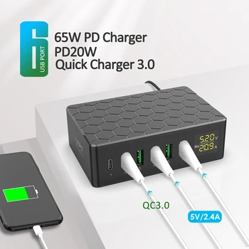 ILEPO 65 Вт 6 Портов Умное Цифровое Зарядное устройство usb c Быстрая Зарядка PD Зарядное Устройство для iPhone 12 X Xs 8 Xiaomi HUAWEI Quick Charge QC3.0