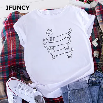 JFUNCY 5XL Женская футболка из 100% хлопка с коротким рукавом, Повседневная женская футболка с принтом кота, Женские летние Свободные топы