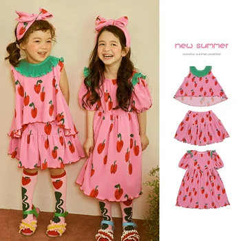 Jenny & Dave / 2023, весенне-летняя новая детская одежда из популярной серии ins для девочек, милая розовая кружевная футболка, жилет, комплект для детей