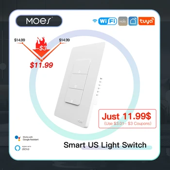 MOES Tuya Wi-Fi Smart Light Switch US Однополюсный Кнопочный Настенный выключатель Работает С Alexa Google Home Требуется нейтральный провод