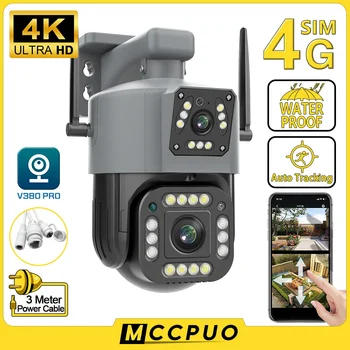 Mccpuo 4K 8MP Двухобъективная 4G SIM-камера Открытый WiFi PTZ Двойной экран Автоматическое отслеживание Безопасности CCTV Камера видеонаблюдения V380