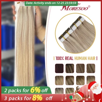 Moresoo для наращивания человеческих волос, настоящая лента из пепельного блонда Remy, осветляющий блонд, Шелковистые прямые волосы для наращивания, человеческие волосы