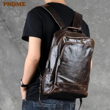 PNDME модный винтажный мужской рюкзак из натуральной кожи высокого качества, простой повседневный роскошный рюкзак из мягкой воловьей кожи для подростков, рабочий рюкзак для ноутбука