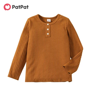 PatPat Для маленьких мальчиков, однотонная футболка с длинными рукавами и пуговицами в рубчик
