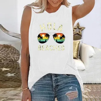 Seeyoushy HOLA BEACHS, Повседневный Женский топ для отдыха, Летняя Женская футболка без рукавов с круглым вырезом, Забавный принт Y2K, Эстетическая уличная одежда