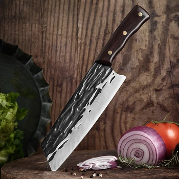 TJ POP Кованый 8-дюймовый нож Kiritsuke из нержавеющей стали с карбонизированной деревянной ручкой, кухонный нож для шеф-повара