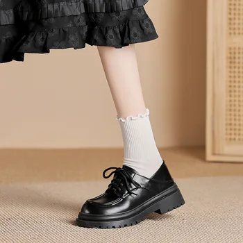 TOPHQWS/ Женская обувь Мэри Джейнс на платформе в Британском стиле; Коллекция 2023 года; Лоферы в стиле Ретро с круглым носком; Модная Кожаная Женская обувь на плоской подошве со Шнуровкой