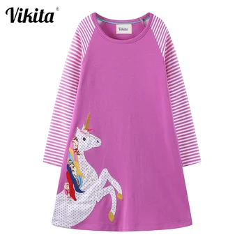 VIKITA Детские платья для девочек, Осенне-весенняя хлопковая одежда для девочек, Детский костюм с аппликацией из единорога, Повседневное платье