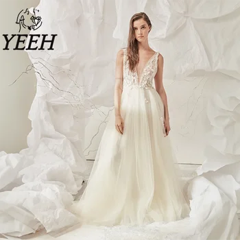 YEEH Illusion Свадебное Платье с Глубоким V-образным вырезом, Кружевные Аппликации, Вышитое бисером Свадебное Платье с открытой спиной, Придворный Шлейф, Vestido De Noiva для Невесты