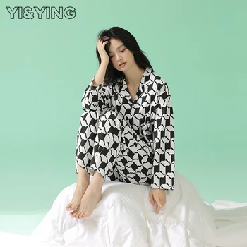 [YI & YING] Весенне-осенняя Новая Пижама с длинным рукавом, Женская Тонкая Пижама из чистого Хлопка, Большой Брендовый Комплект домашней одежды WAZC077