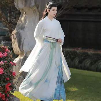 Yourqipao Летняя печатная крашенная юбка с большим рукавом, Рыцарское косплей-представление в китайском традиционном стиле Hanfu для мужчин
