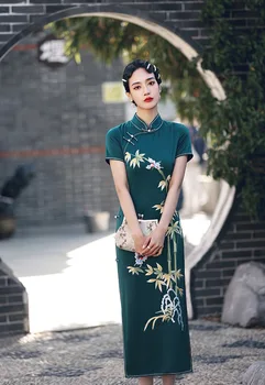 Yourqipao, Новый китайский стиль, Традиционная женская вышивка, Зеленые Длинные платья Чонсам, Китайское Вечернее платье Hanfu, Одежда Ципао