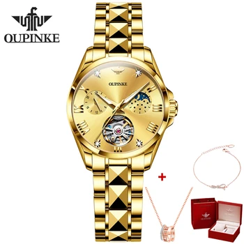 Автоматические часы со скелетом OUPINKE для женщин на ремешке из вольфрамовой стали Фаза Луны Механические наручные часы Класса Люкс от ведущего бренда Женские часы