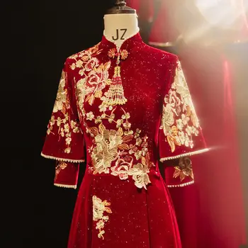 Аппликации, Вышивка, воротник-стойка, Китайское Свадебное платье с плетением, Изысканное Вечернее платье Qipao с цветочной Кисточкой из бисера