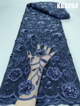 Африканская кружевная ткань из Тюля с цветочным Узором 2022, Высококачественная темно-синяя сетка, Свадебные Нигерийские кружевные ткани для одежды KB3264
