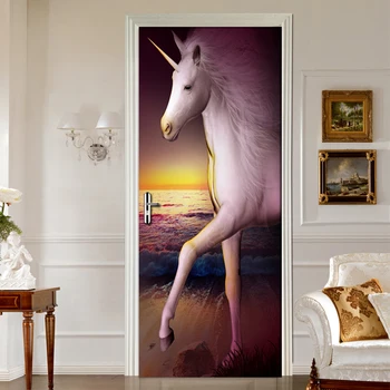 Белые лошади Художественная картина маслом 3D Дверные наклейки Обои ПВХ Водонепроницаемая фреска Плакат Современный декор двери гостиной Спальни
