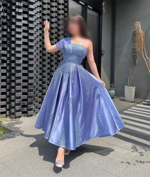 Благородное популярное синее платье для выпускного вечера трапециевидной формы на одно плечо длиной до щиколоток с окантовкой, вечернее летнее платье для Женщин2023