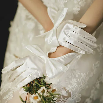 Большой Бант Атласные Перчатки Женщины Невеста Элегантная Свадебная Вечеринка Вышивка Солнцезащитный Крем Модные Белые Черные Перчатки Варежки