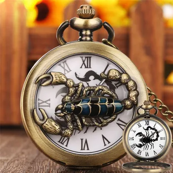 Бронзовые карманные часы Half Hunter с римскими цифрами, кварцевые карманные часы для мужчин и женщин, дизайн в виде Скорпиона, светящиеся стрелки, свитер, брелок, цепочка, подарок