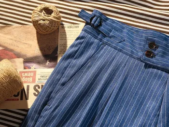 Весенне-Летние Новые Свободные шорты с разрезом в синюю полоску, Мужские Повседневные брюки на пуговицах 